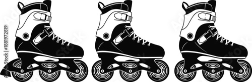 Inline roller skate silhouette collection, extreme sports footwear illustration, urban skating equipment design, black and white vector icons set