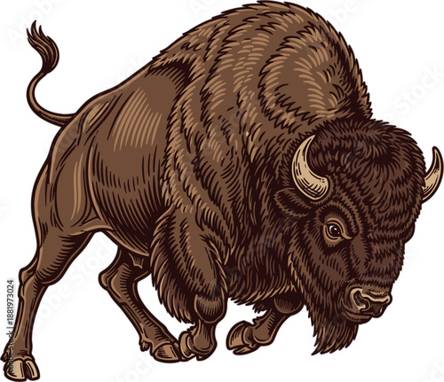 Hand drawn vintage American bison buffalo illustration in charging pose with detailed fur and horns isolated on white background for wildlife nature design.