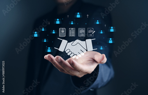 touch partner affiliate marketing global business collaboration concept A person hand displaying virtual handshake and business icons representing collaboration and networking