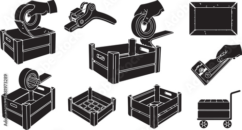 Black and white illustration of various shipping crate designs