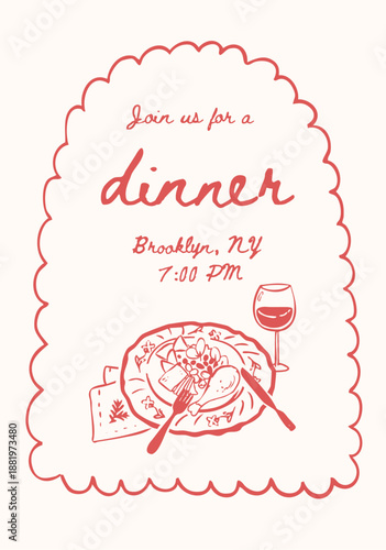 Retro Christmas Dinner Party Invitation Template. Doodle Holiday Icons and Vintage Frame. Outline Hand-Drawn Vector Illustration