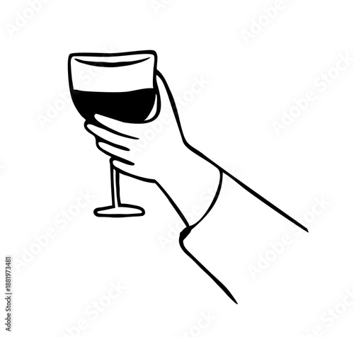 Whimsical Hand Holding Wine Glass Doodle. Cute Toast and Celebration Gesture Icon. Outline Hand-Drawn Vector Illustration