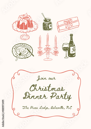 Whimsical Retro Christmas Dinner Party Invitation Template Doodle. Cute Holiday Icons and Vintage Frame. Outline Hand-Drawn Vector Illustration