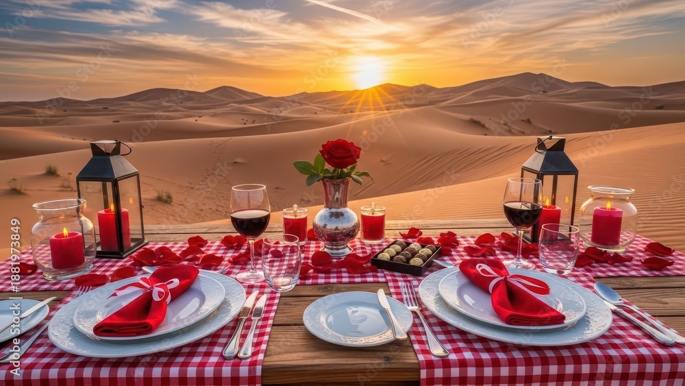 Fototapeta premium Romantic Valentine's Day dinner setting in the desert with a sunset view, featuring red decorations, candles, wine glasses, and a beautifully arranged table