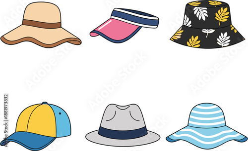 Summer sun hat collection featuring floppy wide brim hats floral bucket hats colorful visors and baseball caps isolated on white background.