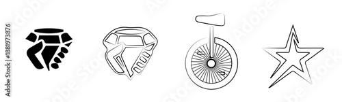 a collection of four icons featuring a hand holding a diamond, a faceted diamond, a unicycle, and a star, all isolated on a white background in a sketched style.
