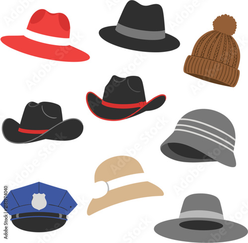 Flat vector hat collection featuring cowboy hats fedoras a police cap and winter beanie isolated on white background for fashion and apparel design.