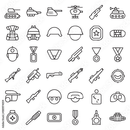 Military equipment and symbols a collection of line art icons