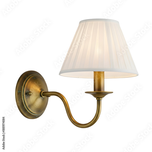 Antique brass wall sconce with pleated shade isolated on transparent background