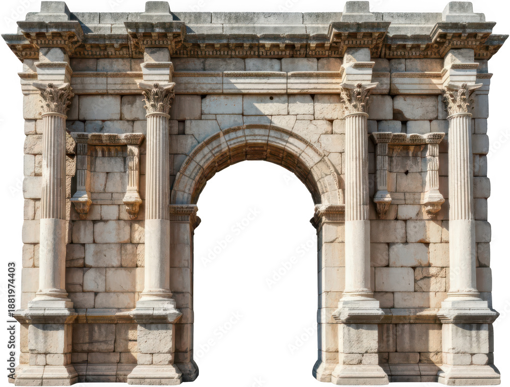 Obraz premium Ornate ancient stone triumphal arch featuring Corinthian columns carved entablature and arched passageway displaying weathered texture and classical grandeur architecture transparent background