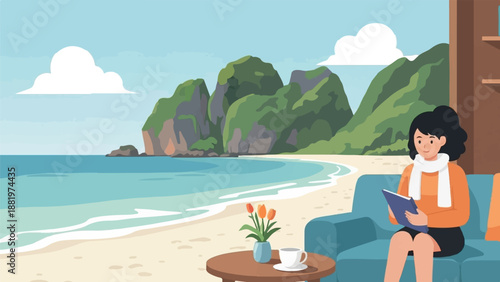 Woman reads book on couch with ocean and mountain view