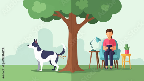 Woman reads book on chair under tree while dog pees on trunk
