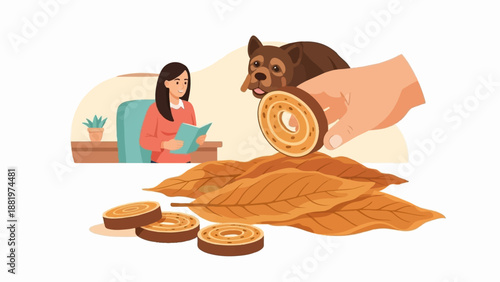 Woman reading with dog, offering dried tobacco leaves and snacks