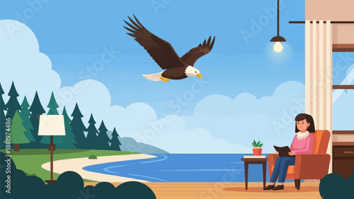 Woman reads by window as eagle soars over peaceful lake and forest