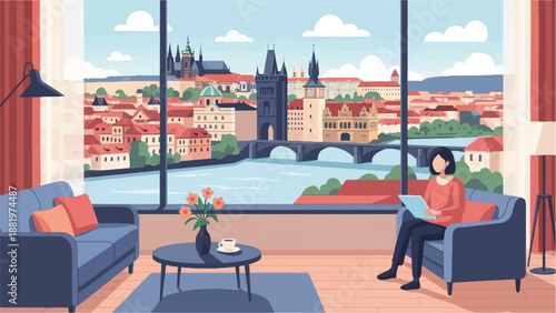 Woman relaxes indoors with a tablet, overlooking a picturesque European cityscape