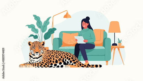 Woman reading on sofa with jaguar and plants in a cozy room