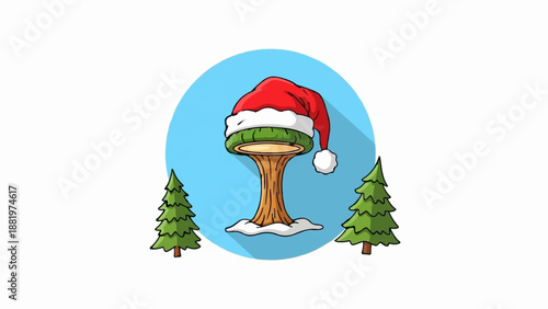 Whimsical cartoon of a festive mushroom adorned with a Santa hat and snow