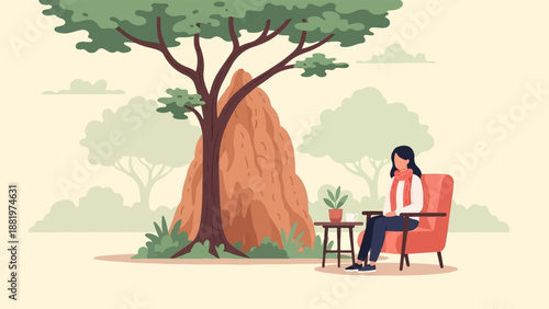 Woman relaxing on a chair near a tree with a cup of coffee