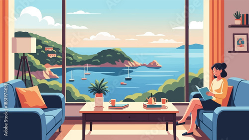Woman relaxing on a blue couch, reading a book with ocean and island view