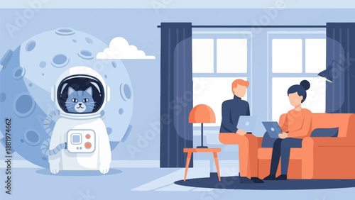 Whimsical cat astronaut near moon, people work indoors