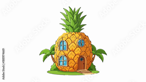 Whimsical cartoon pineapple house with palm trees, arched windows, and door