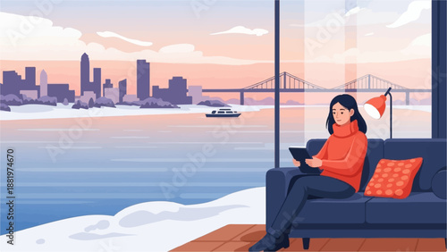 Woman relaxing on sofa, reading on tablet with city and bridge view