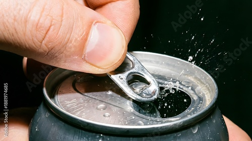 Close Up of Male Finger Pulling Ring Tab to Open Cold Aluminum Soda Can with Splash