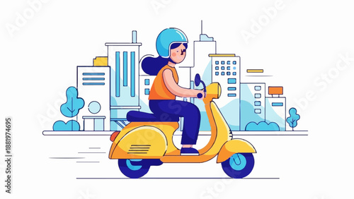 Woman riding a yellow scooter through a stylized cityscape