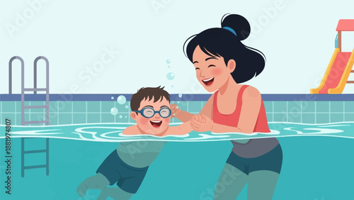Woman teaching a child with down syndrome to swim in a pool