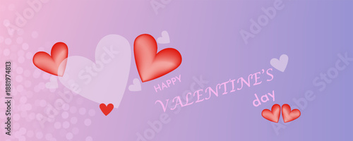 Valentines Day greeting banner with glass morphism effect. 3D red, pink, gold hearts, soft purple background, and heart shape made of matte translucent glass with sparkling edges. Vector illustration