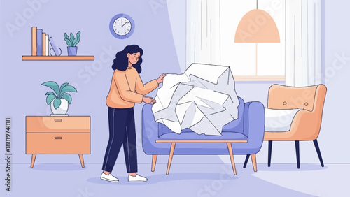 Woman tidying up a messy room with a crumpled ball of paper on a couch