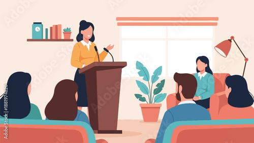 Woman speaking at a podium to an audience seated on couches