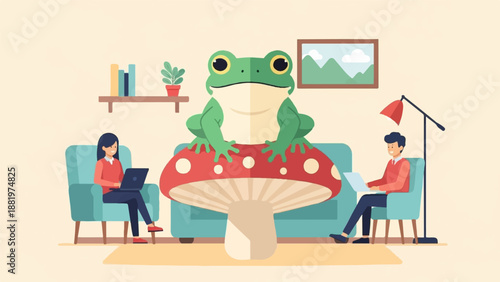 Whimsical interior with a giant frog on a mushroom, two people working