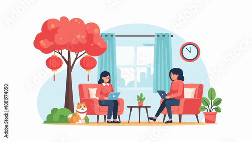 Two women work on laptops at home beside a red tree with lanterns