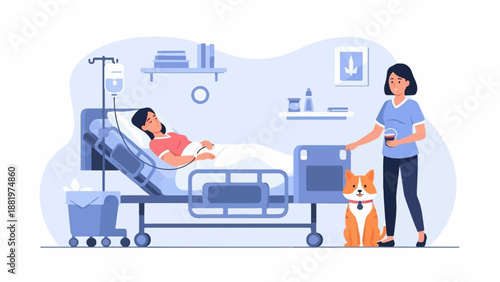 Woman visits patient in hospital with dog, offering drink