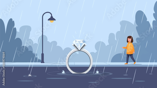 Woman walking past large diamond ring in the rain on sidewalk