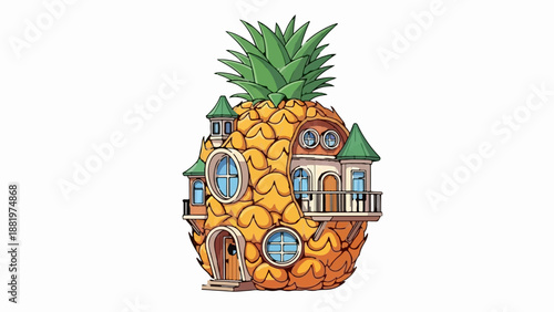 Whimsical pineapple house with green turrets and round windows
