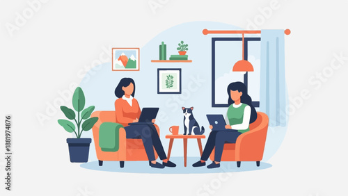 Two women work on laptops at home with a cat and plants nearby