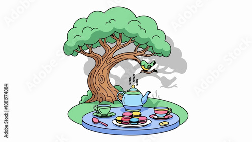 Whimsical outdoor tea setting with macarons and a little bird