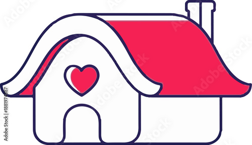 Whimsical pink and white house with a heart on its facade and chimney