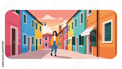 Woman walks down a brightly colored street lined with buildings