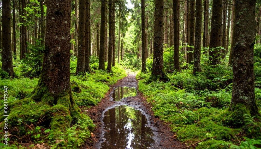 Fototapeta premium Tranquil Forest Path After Rain With Lush Green Moss And Reflecting Puddles Natural Woodland Scenery