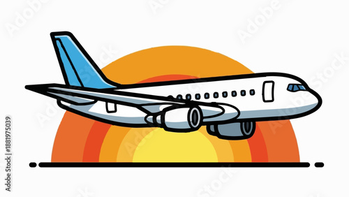 White airplane with blue tail flies over a sunset