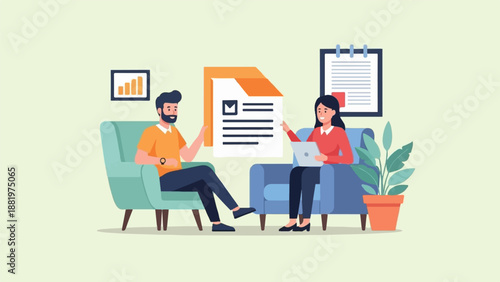 Two professionals discuss documents and data in a modern office setting