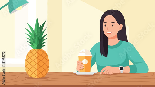 Woman with a pineapple and a takeaway drink sits at a wooden table