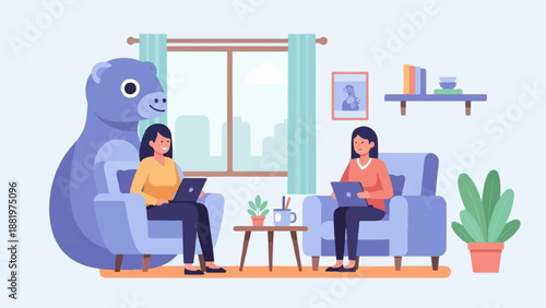 Two women work on laptops in a living room with a large plush toy