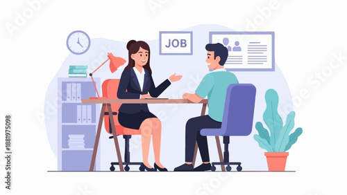 Two professionals discuss job opportunities in a modern office setting