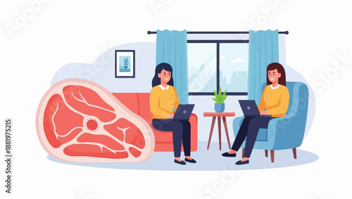 Two women work on laptops in a living room with a large raw steak beside them