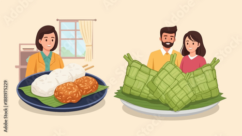 Two plates of food with people in the background