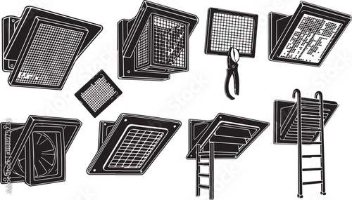 Black and white illustration of multiple grid screens arrangement